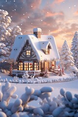 Poster - A house surrounded by snow in the middle of a forest. Perfect for winter and nature-themed projects