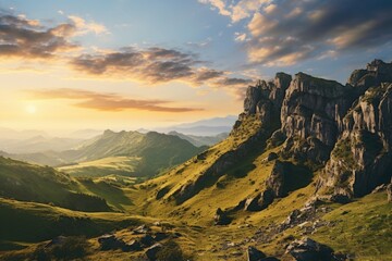 Canvas Print - A breathtaking view of a mountain range at sunset. Perfect for nature lovers and landscape enthusiasts