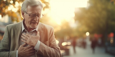 Poster - A man in a suit clutching his chest in pain. Suitable for medical, health, or stress-related concepts