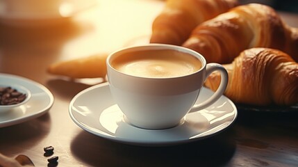 Canvas Print - A cup of coffee and some croissants on a table. Perfect for cafe, breakfast, or food-related designs