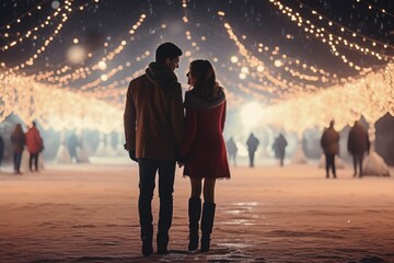 Wall Mural - A man and a woman standing together in a snowy landscape. Suitable for winter-themed designs and romantic concepts