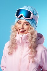 Sticker - A woman wearing a pink jacket and blue ski goggles. Suitable for winter sports and outdoor activities