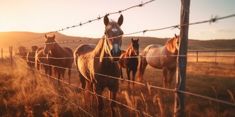 Sticker - Horses standing together behind a sturdy barbed wire fence. This image can be used to depict confinement, freedom, or the beauty of nature