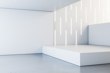 Wall Mural - New white concrete interior with podium and linear lamps on wall. 3D Rendering.
