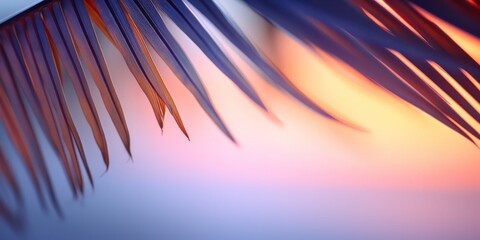 Wall Mural - Capture the serene beauty of a blurred sunset over the sea, framed by palm leaves, creating an abstract defocused background perfect for a summer vacation ambiance.