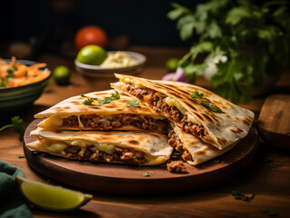 Wall Mural - Delicious Mexican quesadilla with minced meat, vegetables and greens. Traditional food, Latin American, Mexican cuisine. Photorealistic, background with bokeh effect. 