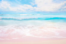 Beautiful Soft Blue , Turquoise And Pink Ocean Wave On Fine Sandy Beach Backdrop. Ocean Waves Water Foam Texture On Pink Sand With Blue Sky. Tropical Vacation Seascape Background Banner By Vita