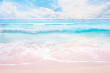  Beautiful soft blue , turquoise and pink ocean wave on fine sandy beach backdrop. Ocean waves water foam texture on pink sand with blue sky. Tropical vacation seascape background banner by Vita