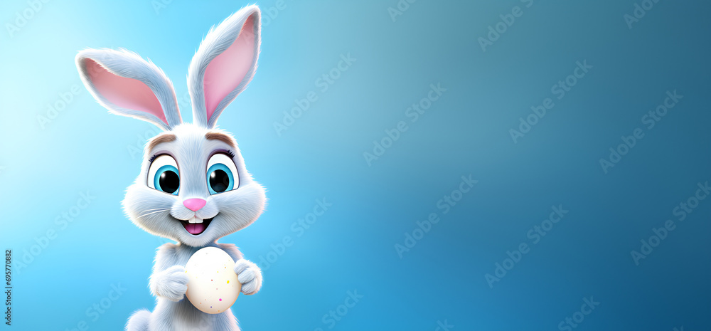 an easter bunny posing with easter eggs on a blue background with copy ...