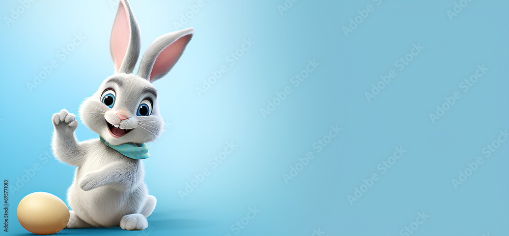 an easter bunny posing with easter eggs on a blue background with copy ...
