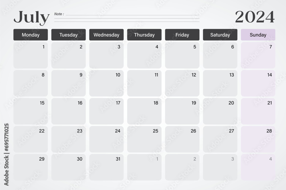 July 2024 calendar or desk planner in soft gray and purple colors with ...