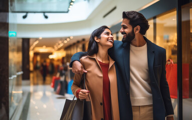 Wall Mural - Happy indian couple enjoying shopping together.