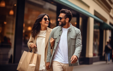 Wall Mural - Happy indian couple enjoying shopping together.