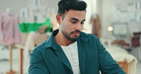 Wall Mural - Fashion designer, man with headache and tired on computer for logistics, small business startup or production stress. Young person or clothes seller with project burnout, fatigue or pain for deadline