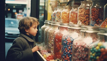 Vintage Photo From The 60s,70s With A Child In A Candy Shop. Boy In Candy Store Retro. Candies And Sweets Inside A Store