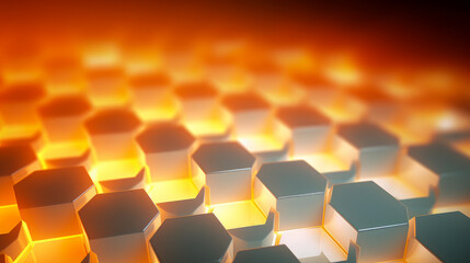 Abstract background with black glowing honeycomb hexagons and fiery orange backlight