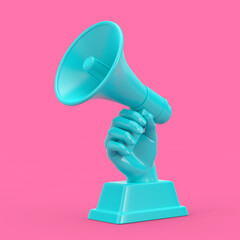 Aufkleber - Blue Business Award Trophy in Shape of Hand with Megaphone in Duotone Style. 3d Rendering