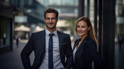 horizontal portrait image of a young business woman and a young business man smiling in the street a