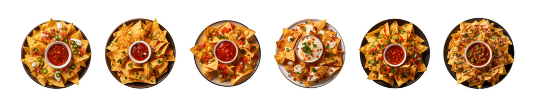 collection set a plate of nachos with dipping sauce isolated on a transparent background, top view