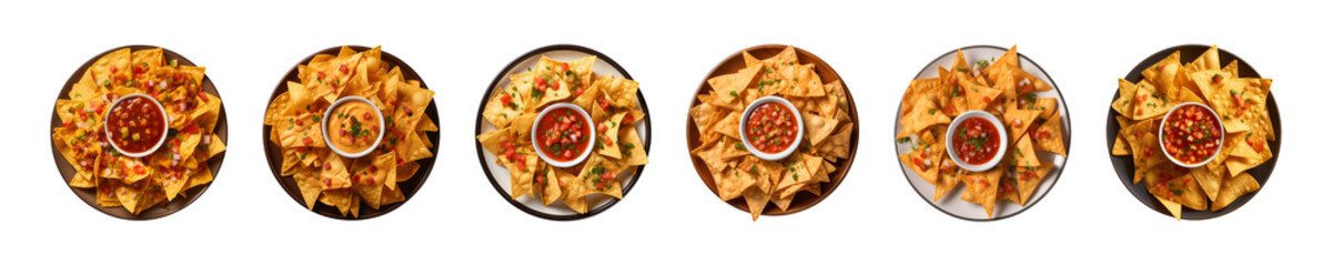 Wall Mural - collection set a plate of nachos with dipping sauce isolated on a transparent background, top view