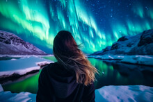 Woman Tourist Looks Aurora Northern Lights Night 
