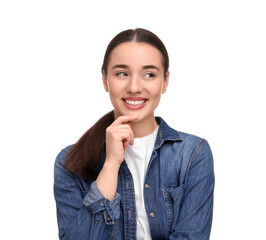 Wall Mural - Young woman with clean teeth smiling on white background