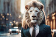 A man with a lion's head, dressed in a suit in a business city. With a serious, defiant attitude.