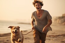 A Young European Man Laughing While Walking His Dog On A Beach.