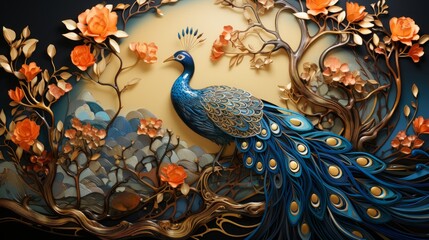 Naklejka na meble Vibrant and regal, a peacock adorned with gold and blue feathers dances among a garden of delicate flowers in a stunning painting