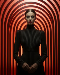 Wall Mural - A striking human face adorned with a sleek black dress, exuding both art and fashion as the woman stands confidently in her red suit