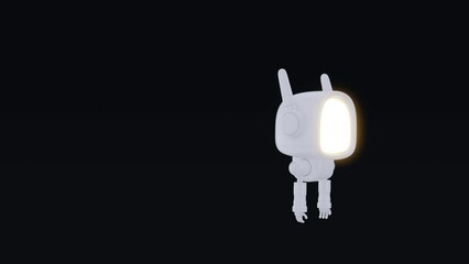 Cartoon robot with light screen on head walking or flying to path on black background. Cute technology character in child style. Digital chatbot, assistant or helper. 3d animation.