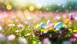 Osternest mit bemalten Ostereiern in einer Blumenwiese mit buntem Bokeh