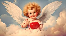 Vintage Poster Close Up Cute Cupid With White Fluffy Wings Holding A Red Heart In Fluffy Clouds, Valentines Day
