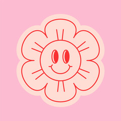 Wall Mural - Happy flower line art sticker. Cute daisy with smiling face. Positive groovy graphic for card, poster, collage design. Naive art emoji. Vector illustration