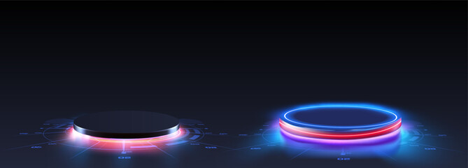 Leinwandbilder - Dark sci fi futuristic cyber stage podium neon blue glowing. Circle portals, teleport, hologram gadget. Blank display, stage or magic portal, podium for show product in futuristic cyberpunk style.