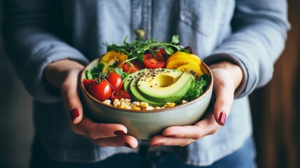 Wall Mural - nutrient-rich vegan delight: woman in cozy attire enjoying a wholesome vegetarian dinner with fresh salad, avocado, grains, beans, and roasted vegetables – close-up lifestyle shot