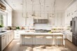 A modern kitchen with white cabinets, cream-colored countertops, and pendant lighting for a bright and airy feel.