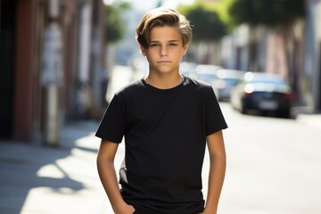 Wall Mural - Young boy in black t-shirt, sunny urban setting, stylish and casual