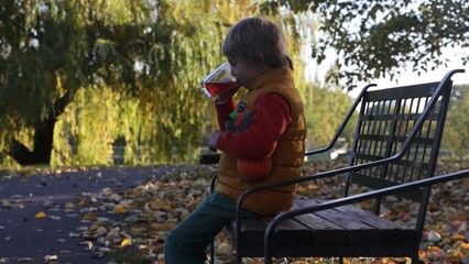 Poster - Beautiful blond preschool child, boy, sitting in the park in the morning sunrise, enjoying autumn weather, drinking tea and enjoying the sun