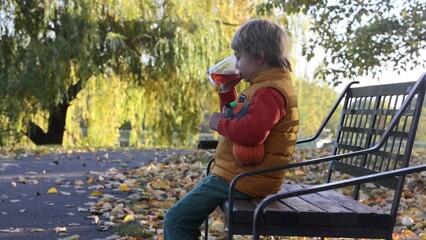 Poster - Beautiful blond preschool child, boy, sitting in the park in the morning sunrise, enjoying autumn weather, drinking tea and enjoying the sun