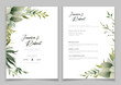 Wedding invitation card background with line art, watercolor flower and botanical leaves, organic shapes. Floral poster, invite card template