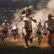 A Triumphant Goal: A Woman Football Player's Celebration in a Vibrant Stadium