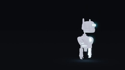 Cartoon robot with light screen on head walking or flying to path on black background. Cute technology character in child style. Digital chatbot, assistant or helper. 3d animation.