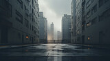 Fototapeta Uliczki - gray minimalist cityscape of empty wet street and simple concrete houses