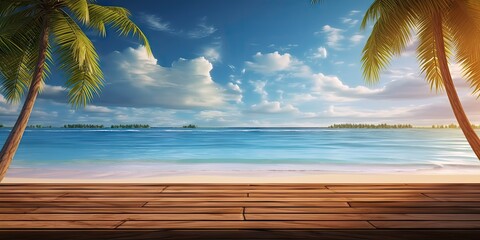 Wall Mural - Seaside serenity. Tranquil scene captures essence of perfect summer day by beach. Weathered wooden table sits beneath clear blue sky inviting relaxation and enjoyment