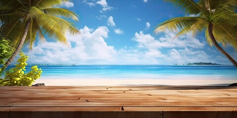 Wall Mural - Seaside serenity. Tranquil scene captures essence of perfect summer day by beach. Weathered wooden table sits beneath clear blue sky inviting relaxation and enjoyment