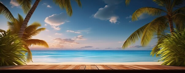 Wall Mural - Seaside serenity. Tranquil scene captures essence of perfect summer day by beach. Weathered wooden table sits beneath clear blue sky inviting relaxation and enjoyment