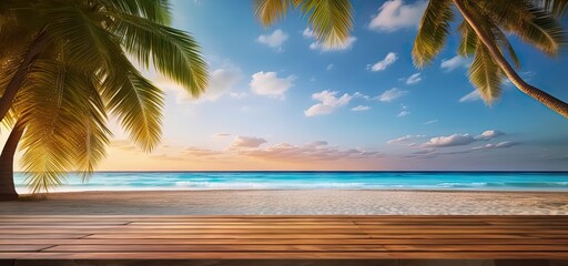 Wall Mural - Seaside serenity. Tranquil scene captures essence of perfect summer day by beach. Weathered wooden table sits beneath clear blue sky inviting relaxation and enjoyment