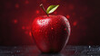 © MYKHAILO KUSHEI - one beautiful ripe red apple with a leaf and water drops on it on a red background