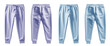 2 Set of pastel light blue purple violet, front back view sweatpants jogger sports trousers bottom pants on transparent background, PNG file. Mockup template for artwork design

